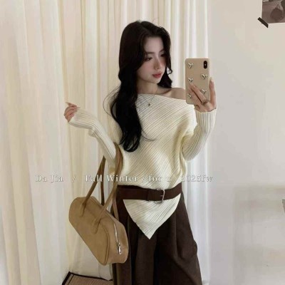 오프숄더 골지 배트윙 소매 상의