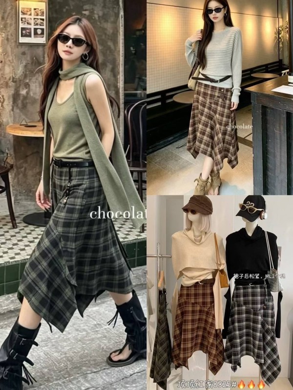 마모 격자 무늬 빈티지 A라인 미