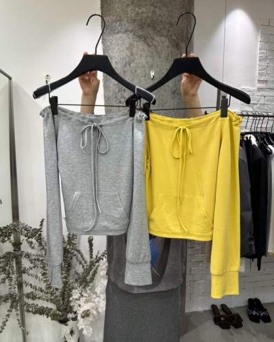 일자넥 후드 숏티셔츠