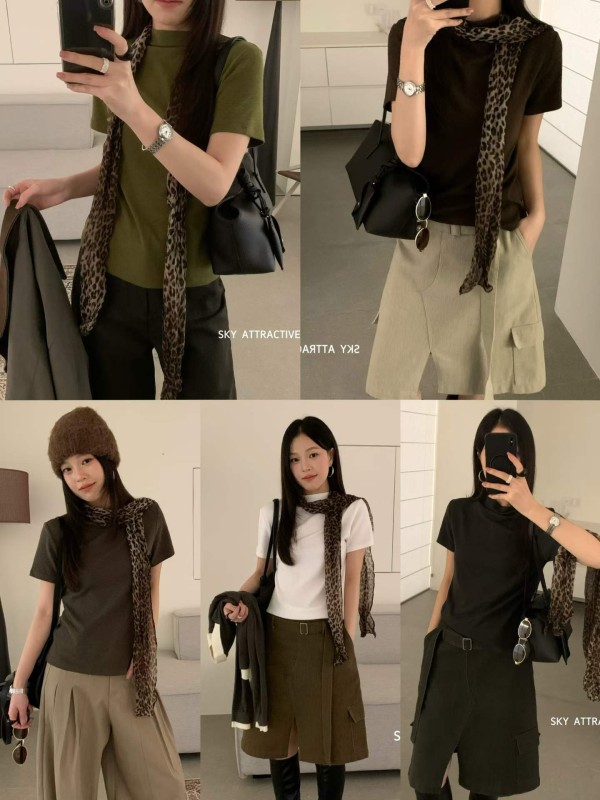 반하이넥 반팔티+스카프 세트